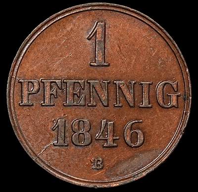 修遠堂世界钱币第110期 - 1846年汉诺威选侯国 / 王国1芬尼铜币，未流通，币面有一层清漆