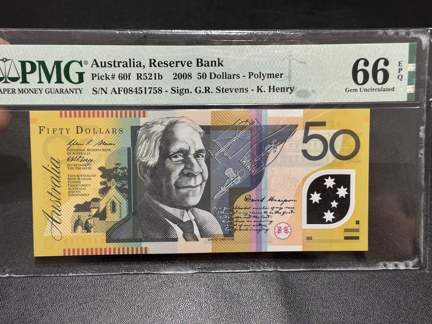 《外钞收藏家》第六百二十四期（精品场）（长期征集拍品、欢迎藏友们联系合作） 2008年澳大利亚50元 塑料钞 PMG66 无47尾8
