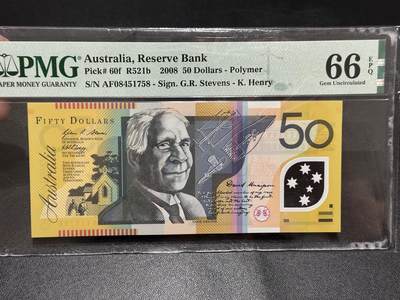 《外钞收藏家》第六百二十四期（精品场）（长期征集拍品、欢迎藏友们联系合作） - 2008年澳大利亚50元 塑料钞 PMG66 无47尾8