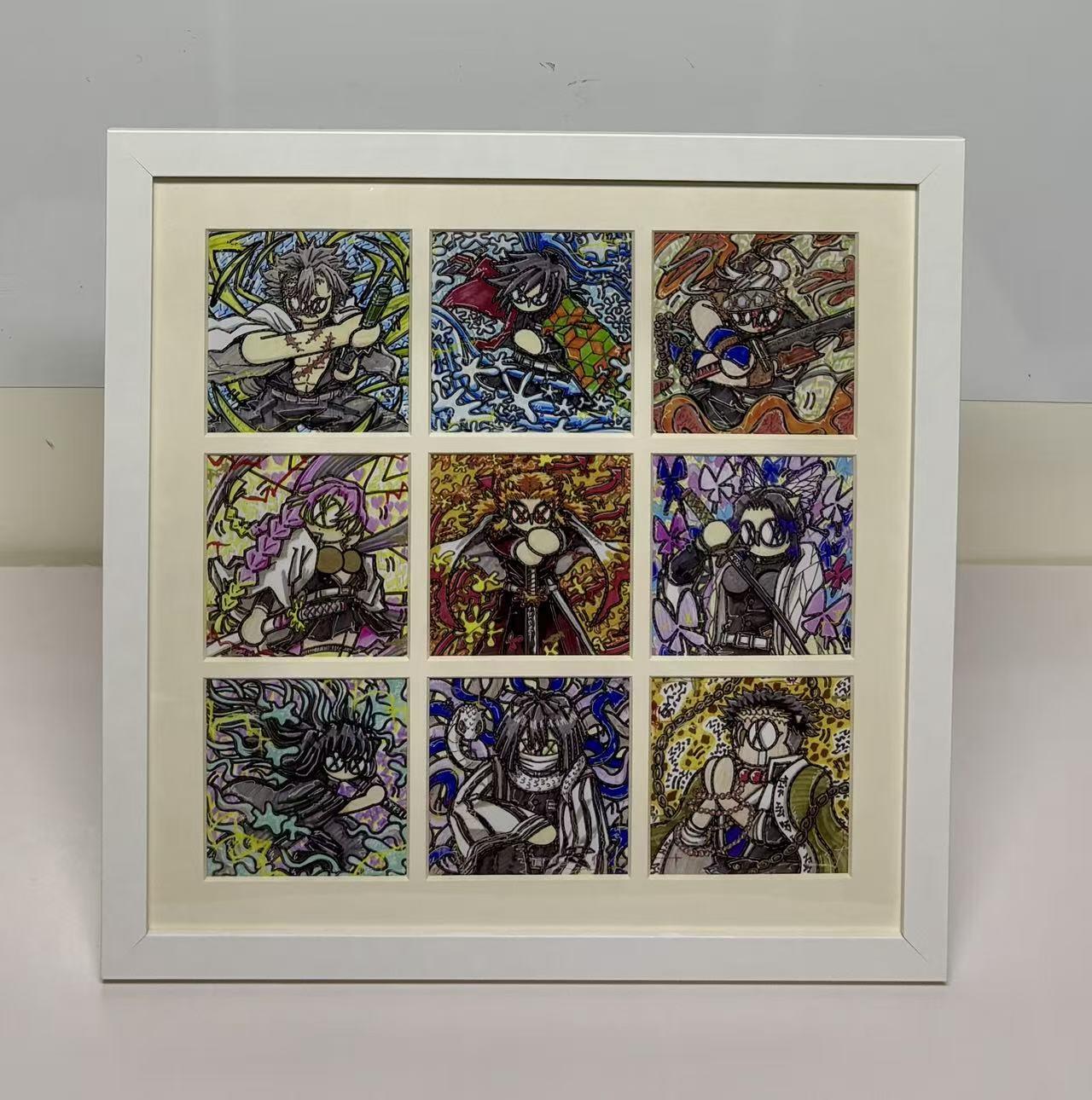 零元拍： OWSON 系列作品装饰画《鬼灭之刃》九宫格，已做装裱 木制画框。因展品出展，镜框或亚克力可能有轻微划痕，介意勿拍，尺寸：38X38CM