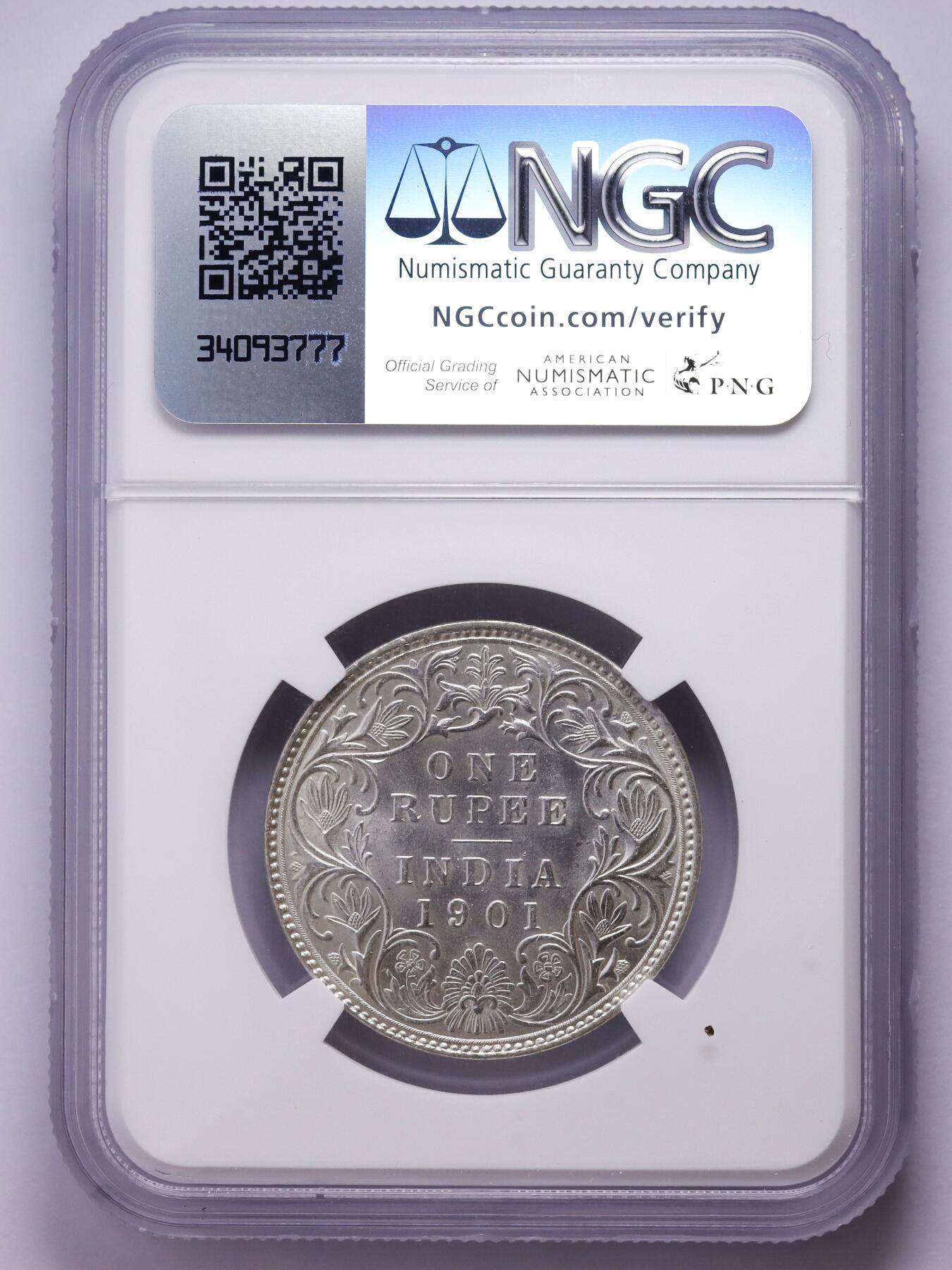 观钱 近现代机制币拍卖No.007（全场顺丰包邮，不区分偏远地区）  1901 年英属印度维多利亚一卢比银币（NGC MS62）