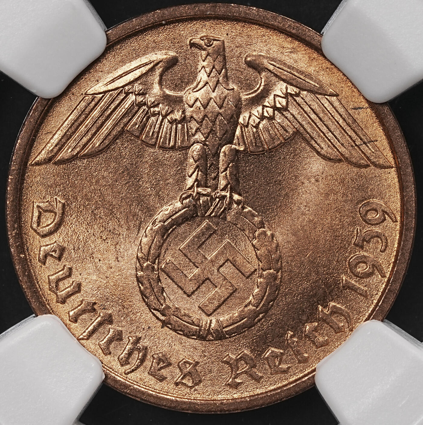 修遠堂世界钱币第110期 NGC MS65RD 1939年德国2芬尼铜币 D厂铭 RD原始全铜光难得