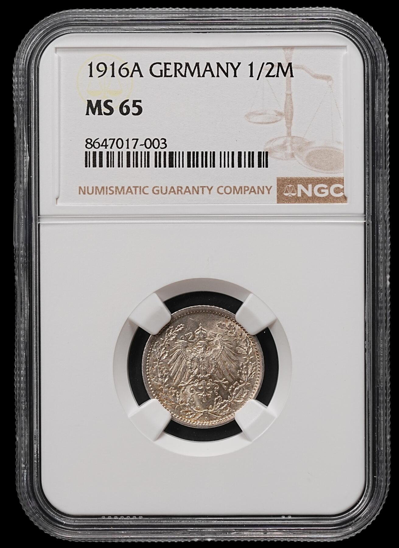 修遠堂世界钱币第110期 NGC MS65 1916年德国1/2马克银币 A厂铭