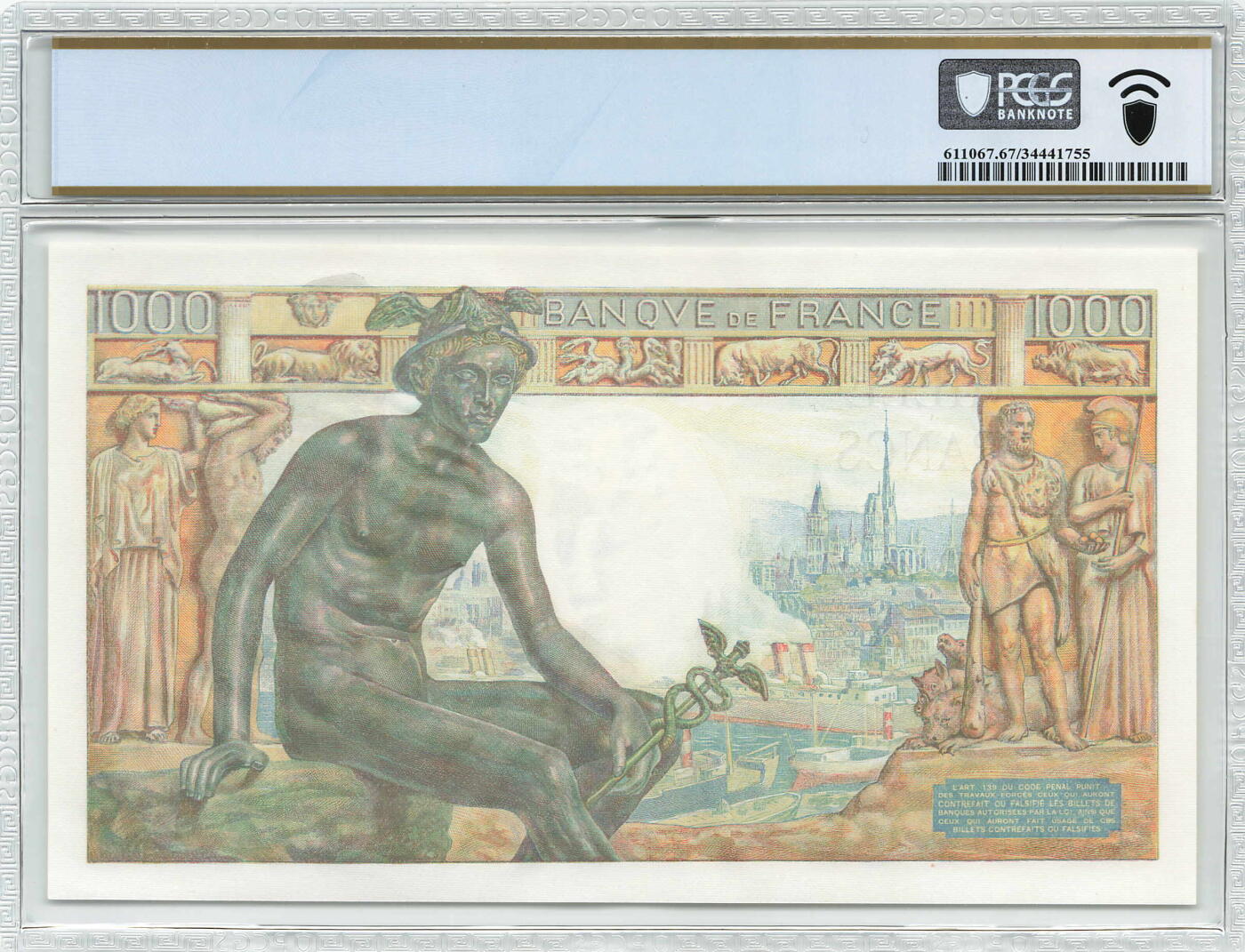 小福收藏拍卖第204期 评级币精选场 本期有 荷兰经典AA冠拿杯子的蛇 叙利亚世遗帕尔米拉古城豹子号冠军分 法国红衣主教冠军分 意大利经典达芬奇   白俄罗斯 "Millennium" 纪念版AA冠全同千位号全套  南斯拉夫铁托未发行版 美国 墨西哥 越南 法属印度支那等多国精美高分珍稀老钞精品纸币 法国 1942年 1000法郎 首发年女神和墨丘利神 PCGS67 PPQ