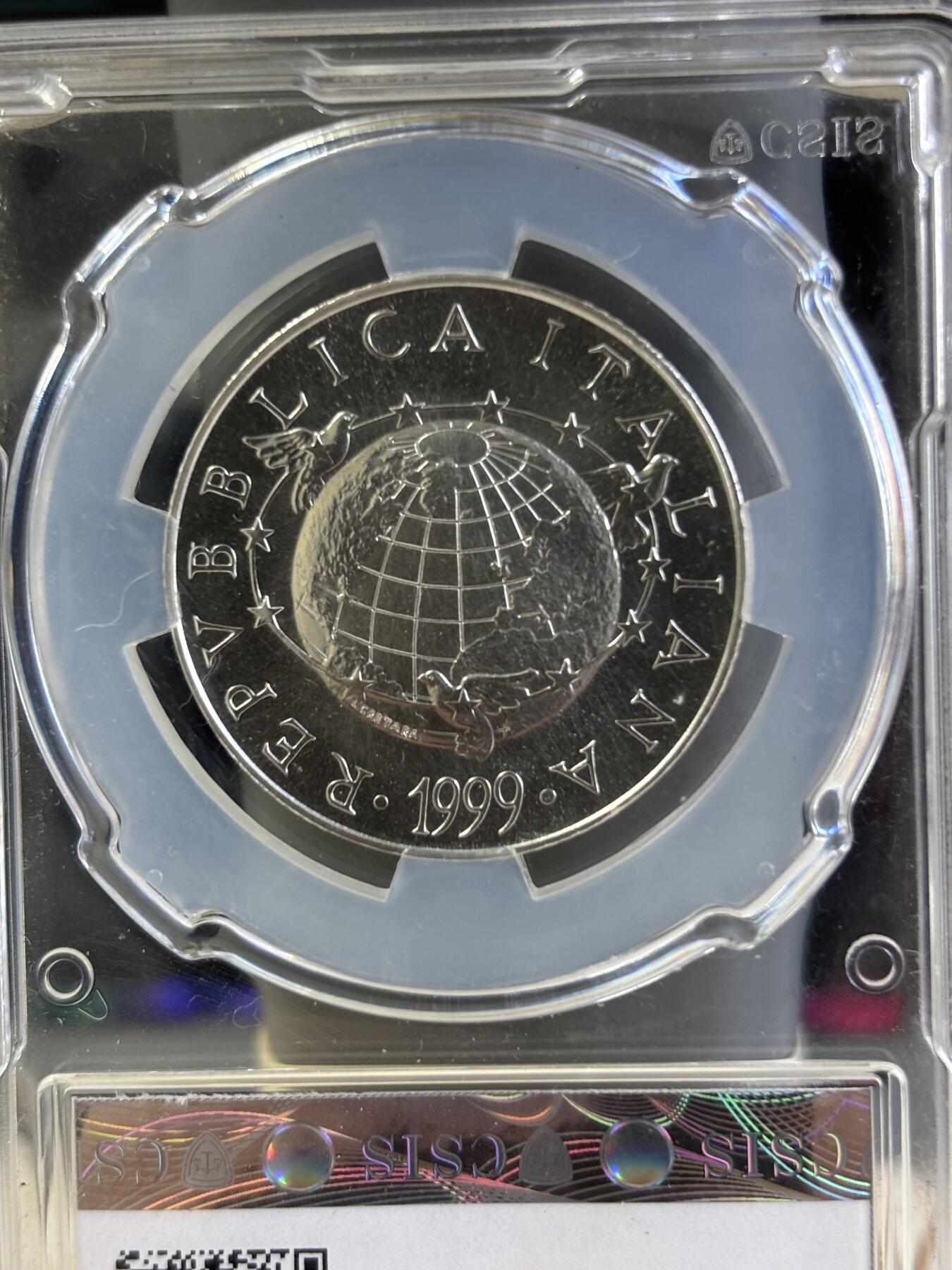 第197期拍卖 克劳斯获奖币意大利1999年千禧年磨砂纪念银币CSIS-MS69，18克，835银
