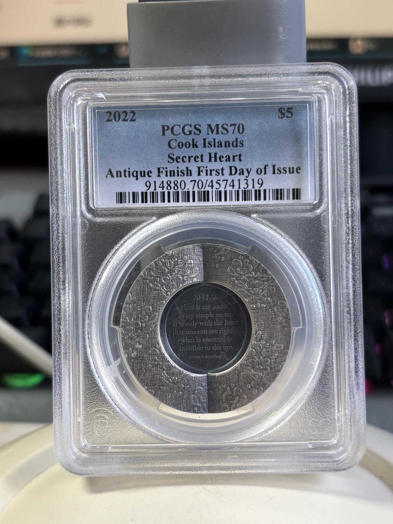 第197期拍卖 库克2022年秘密之心独特的爱1盎司仿古银币PCGS-MS70首无盒证书，999银，发行2022枚银价584