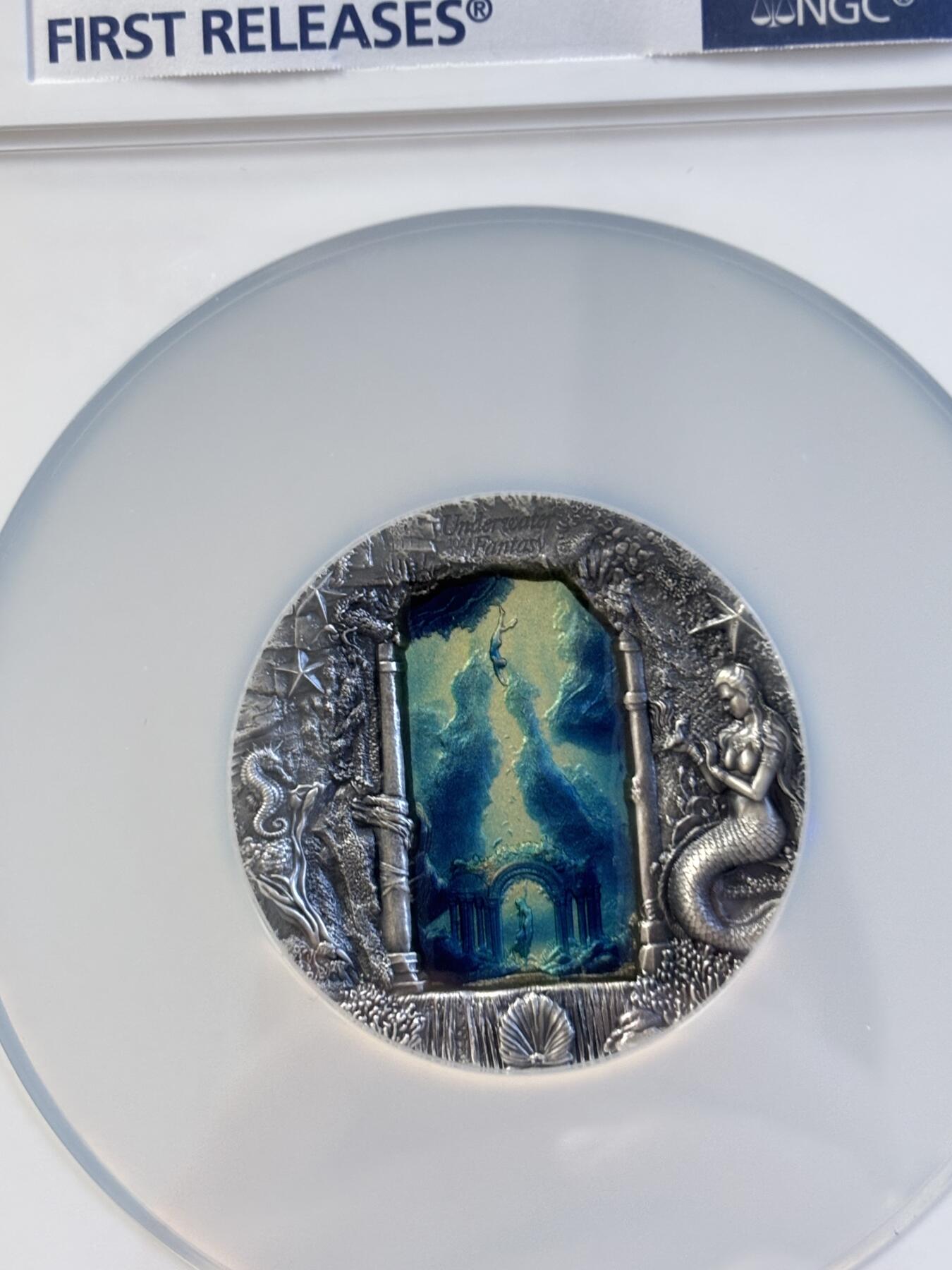 第197期拍卖 帕劳2024年水下幻想美人鱼3盎司银币NGC-MS70分首无盒证书，3盎司，发行777枚