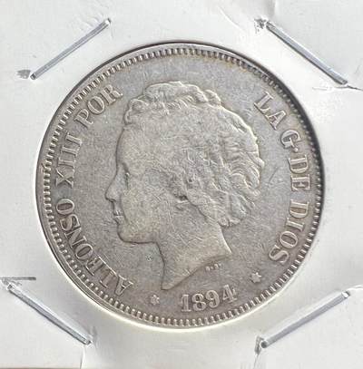 1894 年西班牙阿方索十三世 5 比塞塔银币 波旁复辟 欧洲老银币 - 1894 年西班牙阿方索十三世 5 比塞塔银币 波旁复辟 欧洲老银币