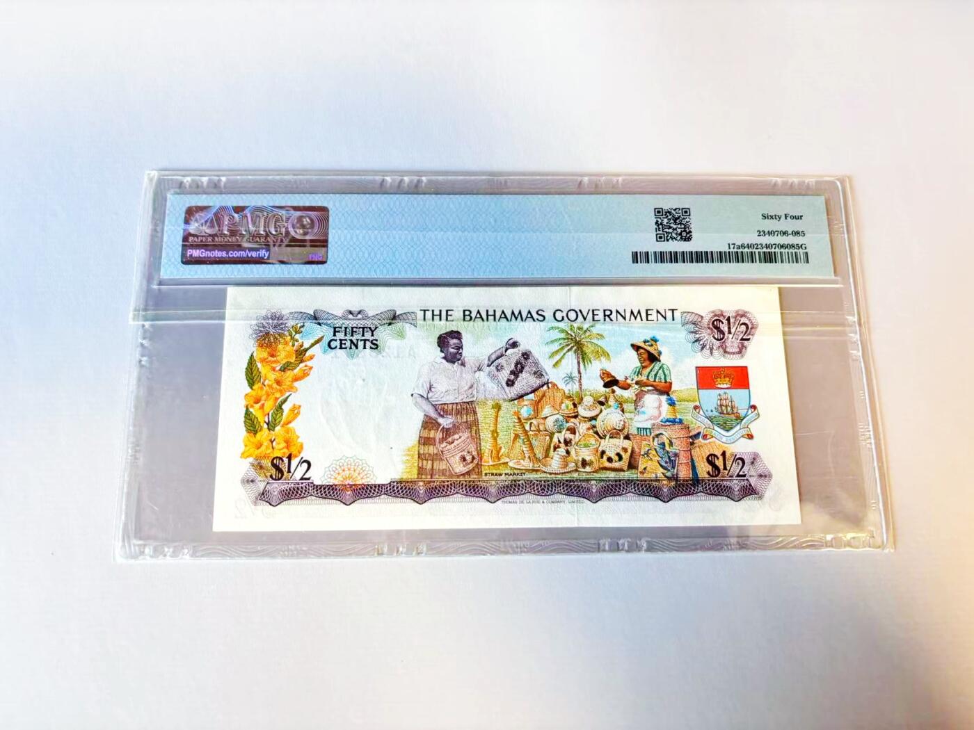 【Blue Auction】世界纸币精拍第805期——18级TOP拍卖/信誉/品质/专业/高效💫 【首年】巴哈马 1965年1/2元 PMG64  彩背 女王