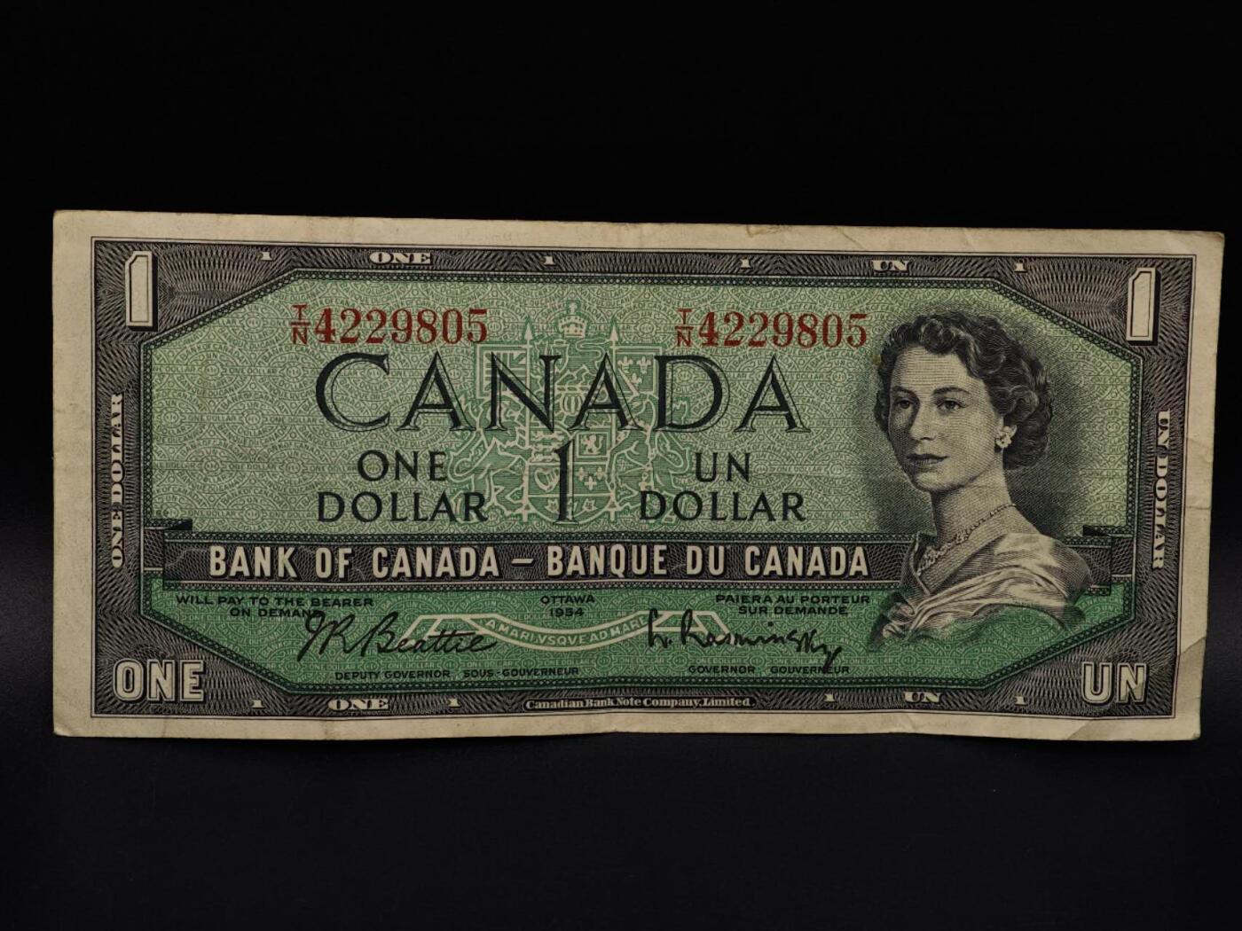  【淘币小摊】限时拍第八百九十拍   纸币场    每周一统一发货 加拿大1954年一元纸币【有折】