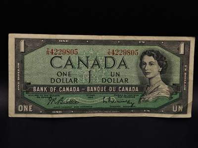  【淘币小摊】限时拍第八百九十拍   纸币场    每周一统一发货 - 加拿大1954年一元纸币【有折】