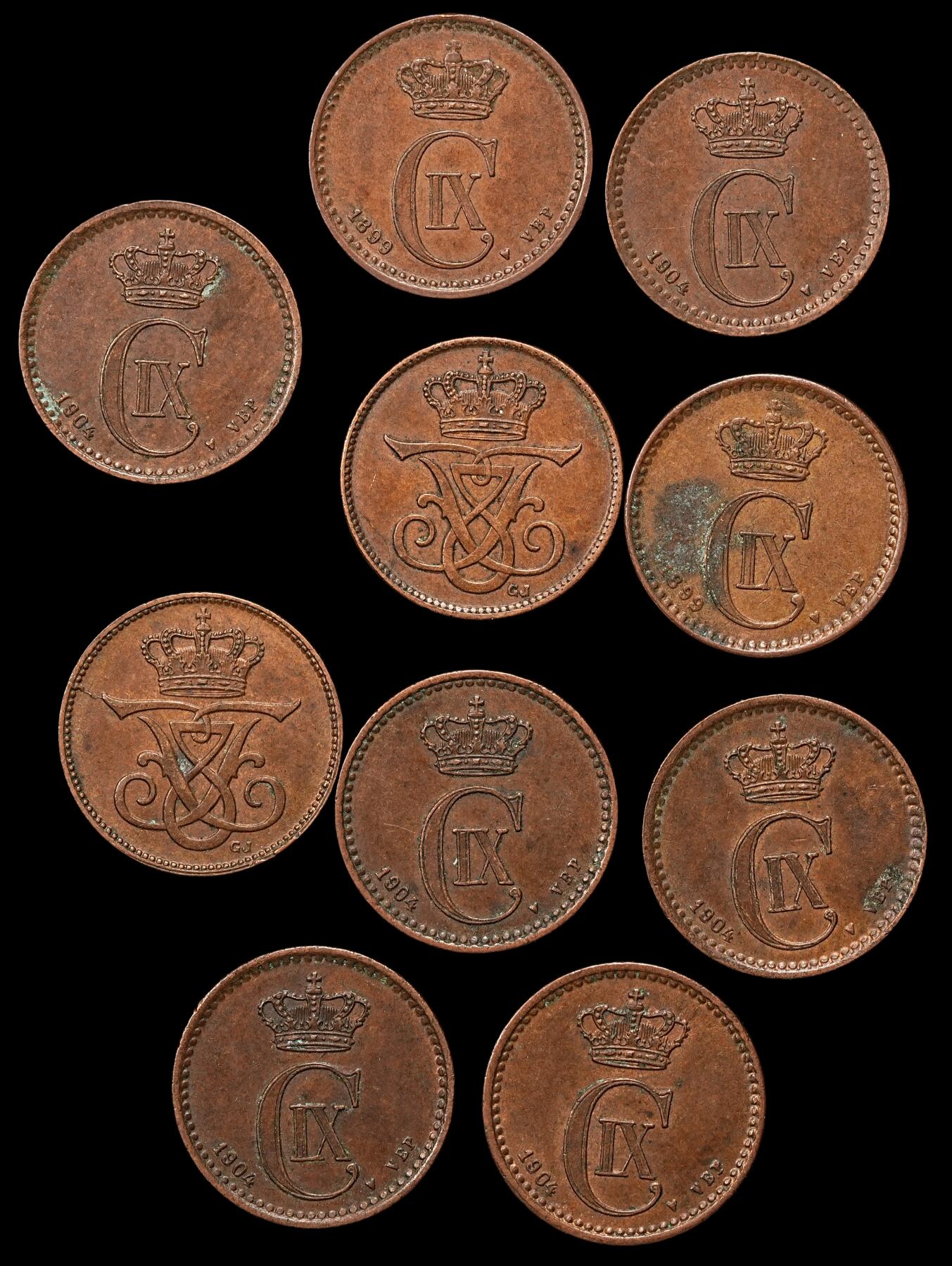 修遠堂世界钱币第110期 丹麦1欧尔铜币一组，巧克力色AU好品