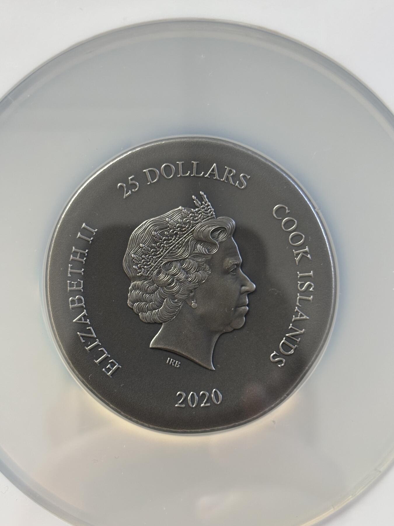 第197期拍卖 库克2020年货币上的乌龟盎司仿古银币NGC-MS70，999银，5盎司