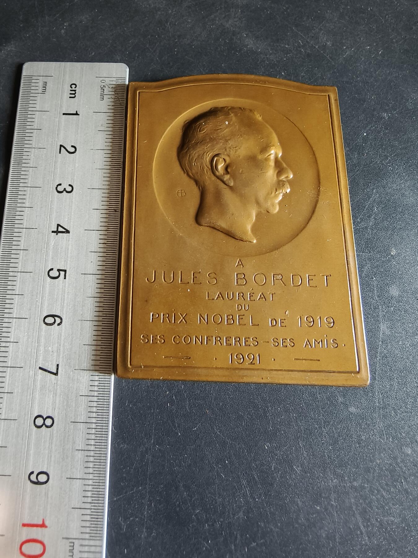 老王徽章第191期 比利时医学家朱尔·博尔代方形大铜章     博尔代医生于曾任职于法国巴斯德研究所，1919年获得了诺贝尔医学奖，被称为“免疫学之父”，享有极高声誉        尺寸70×50mm      重量124.1g