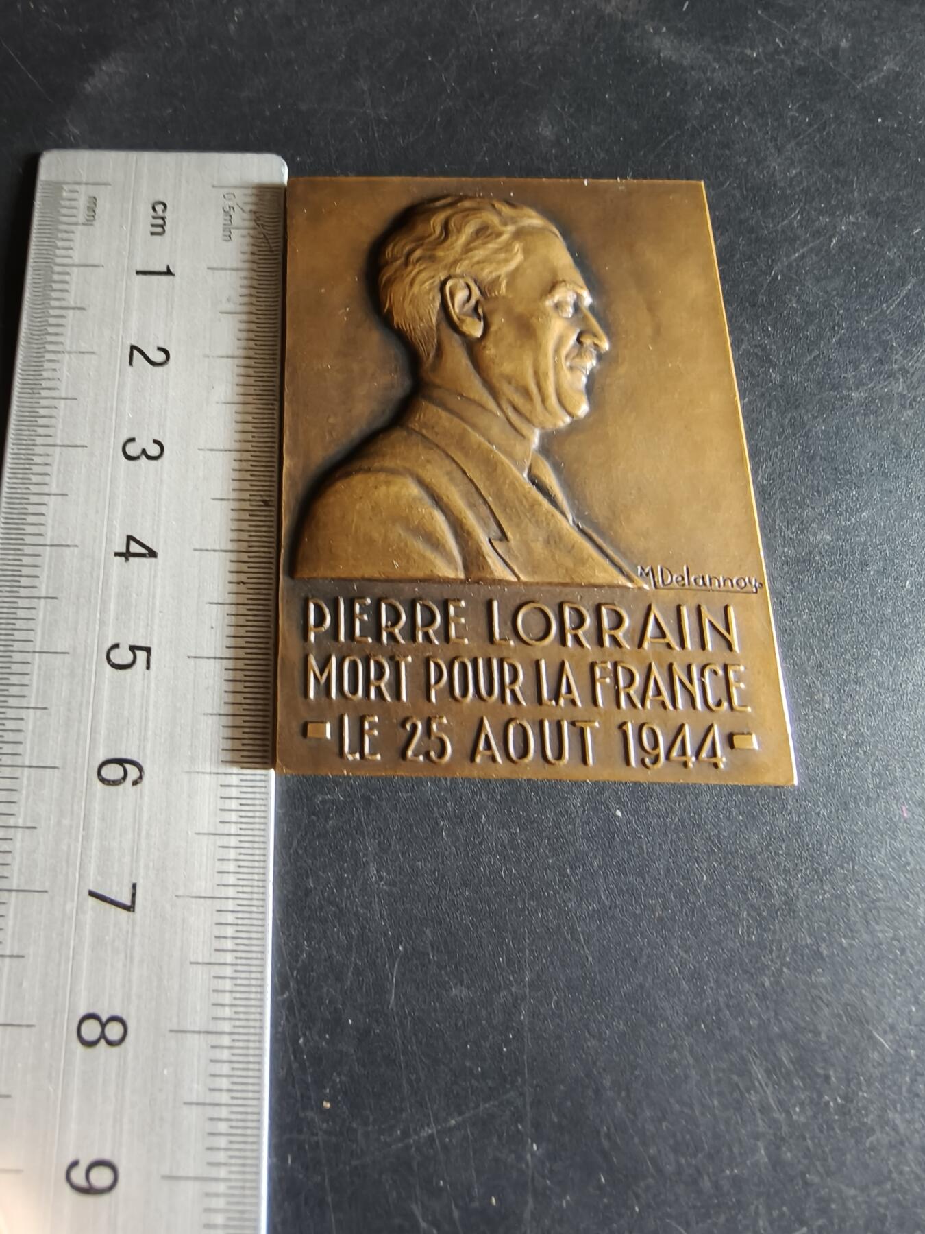 老王徽章第191期 法国抵抗组织成员皮埃尔·洛兰巴黎解放日殉难方形大铜章      皮埃尔·洛兰是法国抵抗组织成员，在1944年巴黎解放日于雷诺公司工厂升旗法国国旗时殉难      背面为雷诺工厂造型       大师马塞尔·德朗努瓦作品      尺寸45×60mm     重量91.7g 