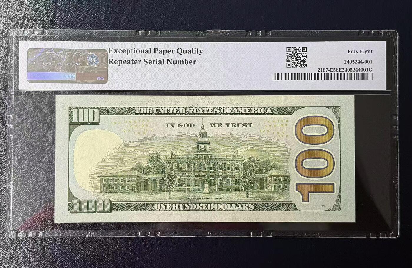 《外钞收藏家》第六百二十四期（精品场）（长期征集拍品、欢迎藏友们联系合作） 2009A彩版100美元PMG 58分EPQ星条旗标签。36663666重复序列号、双豹子、数二[呲牙][呲牙][呲牙][偷笑][偷笑][偷笑]
