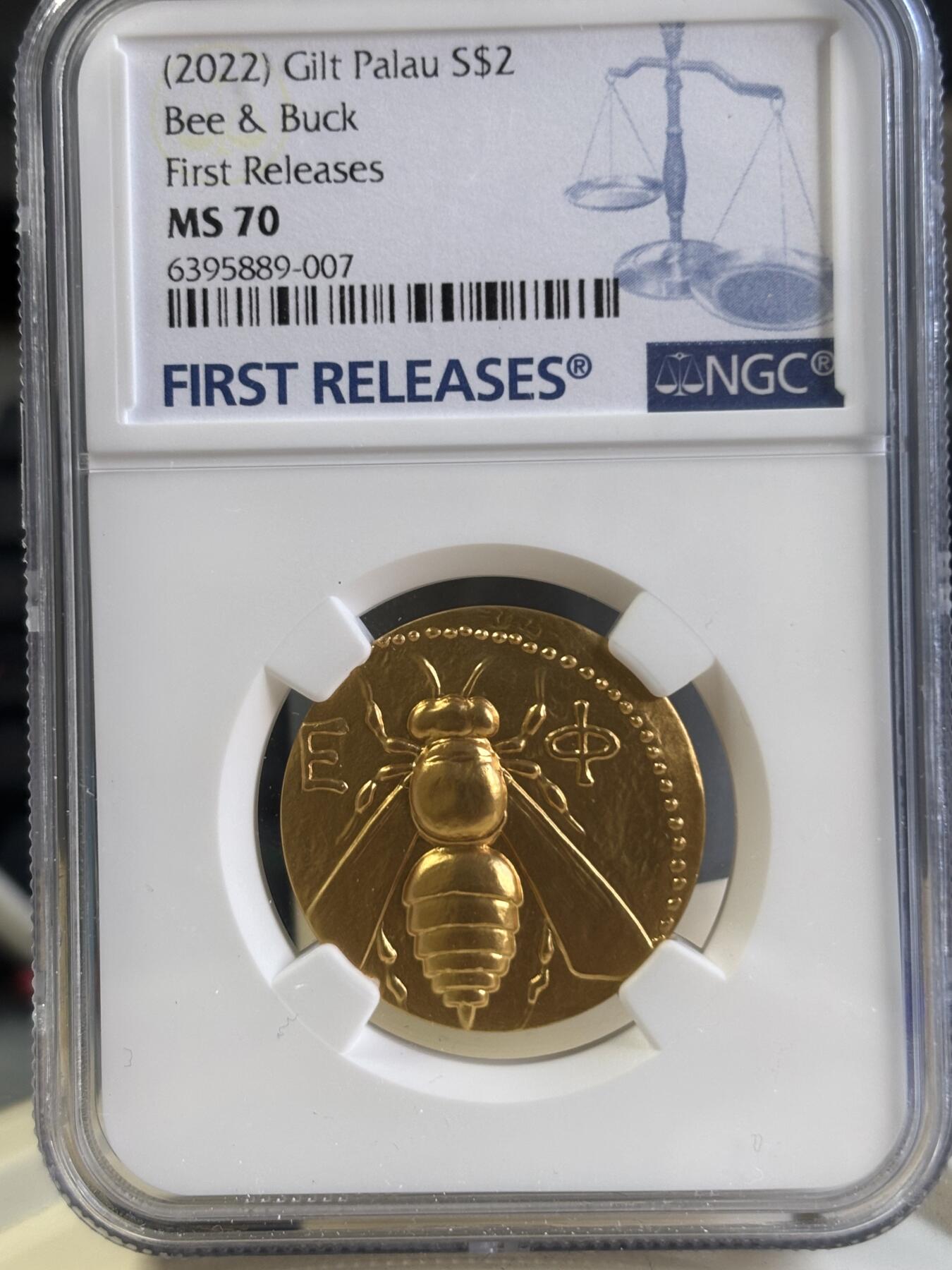 第197期拍卖 帕劳2022年复刻古希腊蜜蜂和雄鹿银币NGC-MS70首期无盒证书，15克，999银镀金，发行500枚