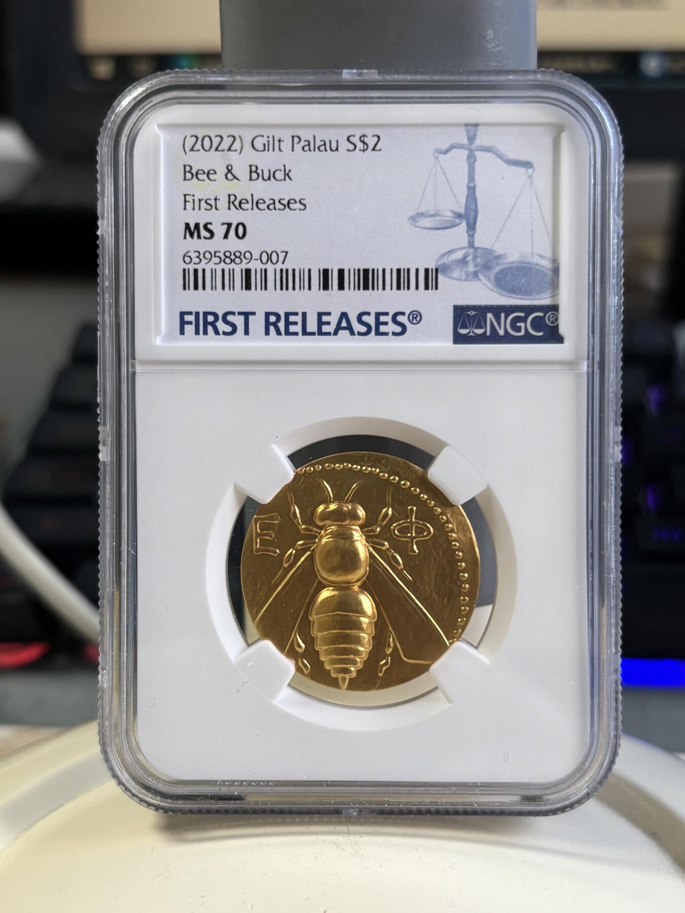 第197期拍卖 帕劳2022年复刻古希腊蜜蜂和雄鹿银币NGC-MS70首期无盒证书，15克，999银镀金，发行500枚