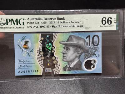 《外钞收藏家》第六百二十四期（精品场）（长期征集拍品、欢迎藏友们联系合作） - 2017年澳大利亚10元 塑料钞 PMG66（冠号意外倒置号）尾100