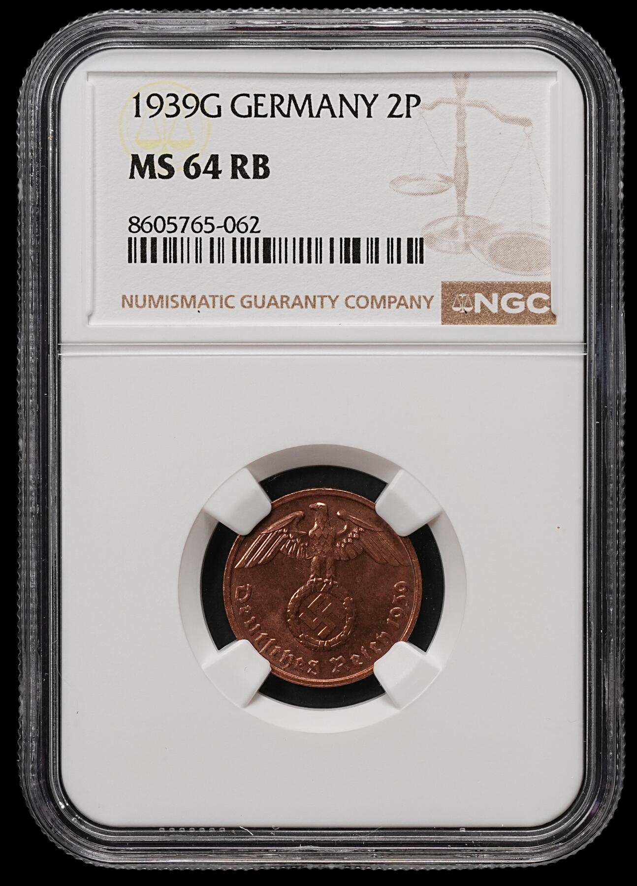 修遠堂世界钱币第110期 NGC MS64RB 1939年德国2芬尼铜币 G厂铭