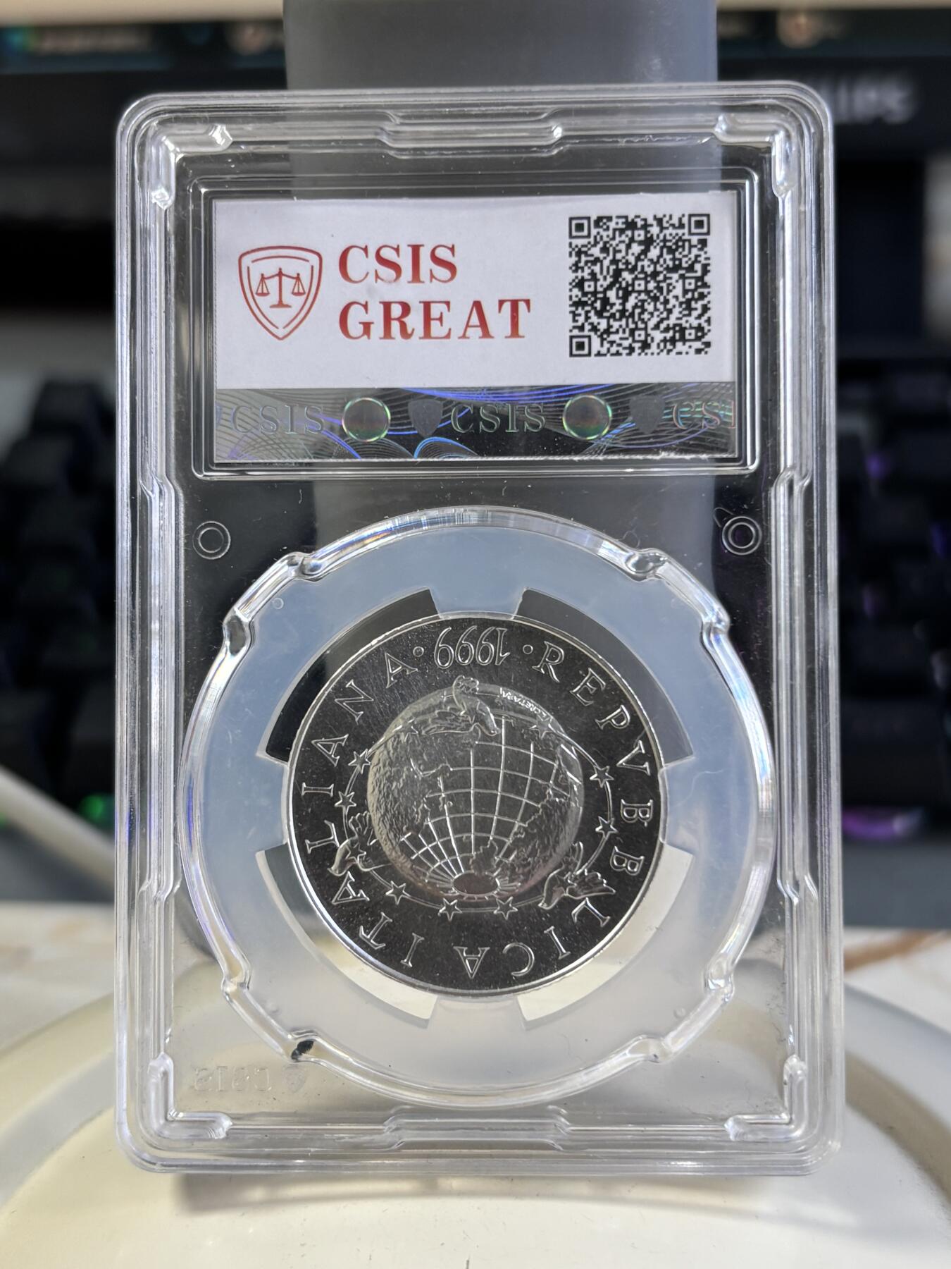 第197期拍卖 克劳斯获奖币意大利1999年千禧年磨砂纪念银币CSIS-MS69，18克，835银