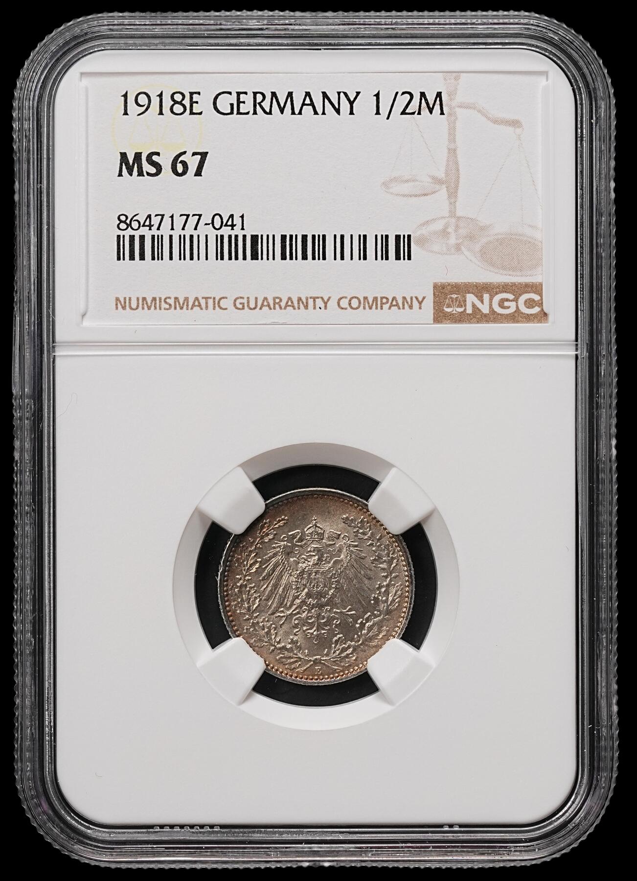修遠堂世界钱币第110期 NGC MS67  1918年德国1/2马克银币 E厂铭
