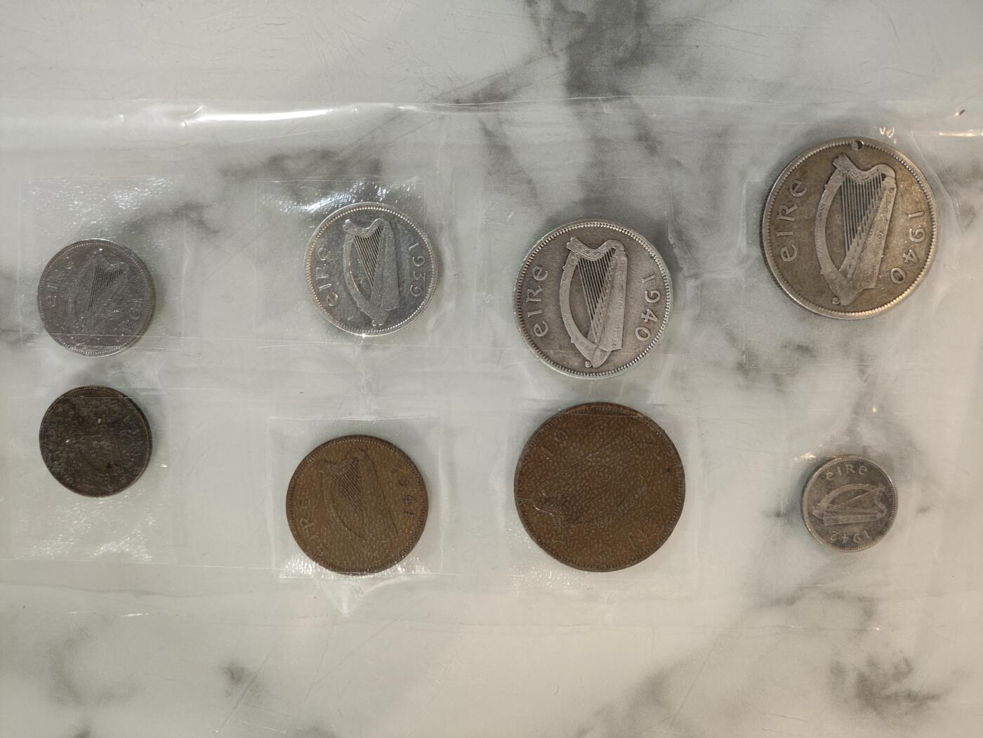 1939-1947年爱尔兰流通套币，三银二镍三铜，八枚硬币背面动物图案