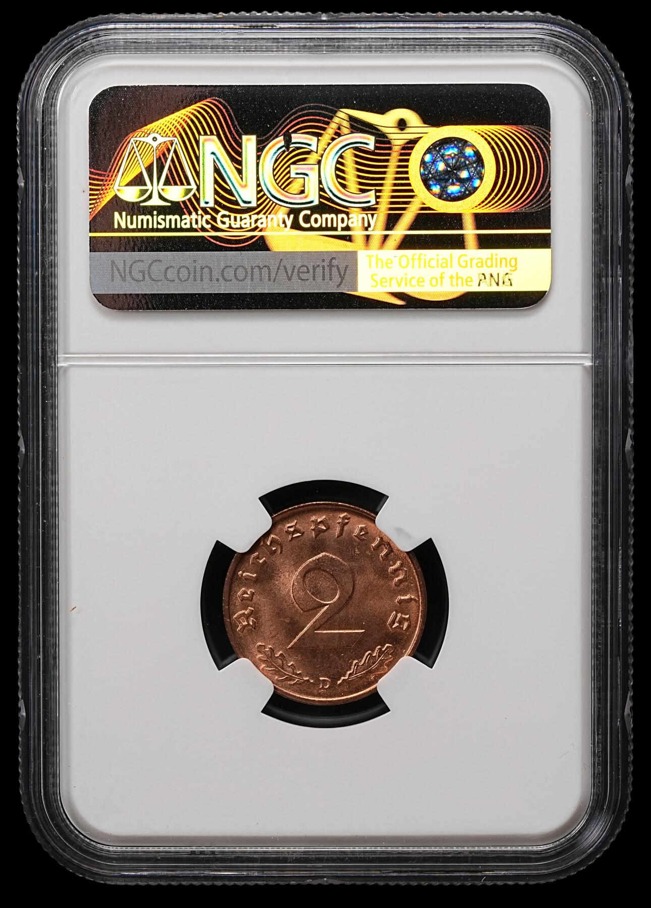 修遠堂世界钱币第110期 NGC MS65RD 1939年德国2芬尼铜币 D厂铭 RD原始全铜光难得