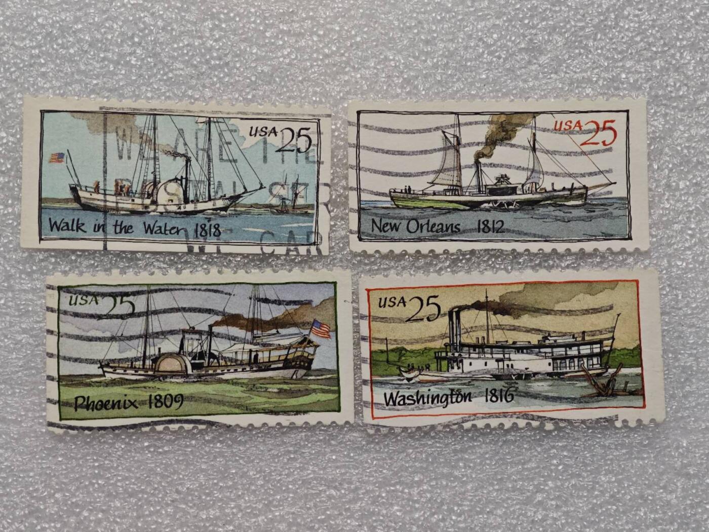  【淘币小摊】限时拍第八百九十一拍  外国老邮票 印花税票 火花纸品场    每周一统一发货 美国船舶邮票4枚套