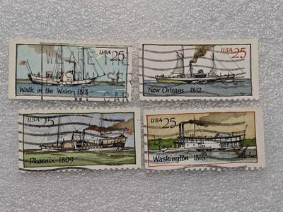  【淘币小摊】限时拍第八百九十一拍  外国老邮票 印花税票 火花纸品场    每周一统一发货 - 美国船舶邮票4枚套