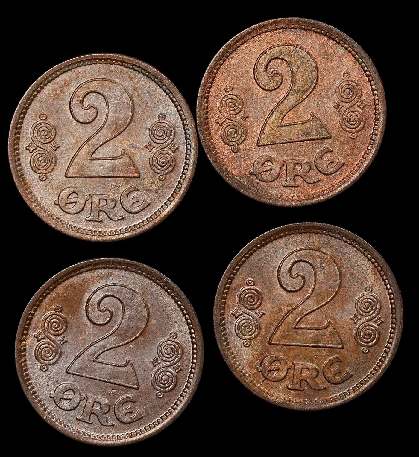 修遠堂世界钱币第110期 1916年丹麦2欧尔4枚，原卷出，完全未流通