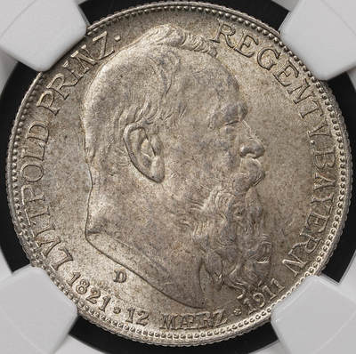 修遠堂世界钱币第110期 - NGC MS64 1911年巴伐利亚摄政王90大寿纪念2马克银币