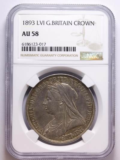 观钱 近现代机制币拍卖No.007（全场顺丰包邮，不区分偏远地区）  -  1893 年英国维多利亚克朗银币（老年头像版，NGC AU58）