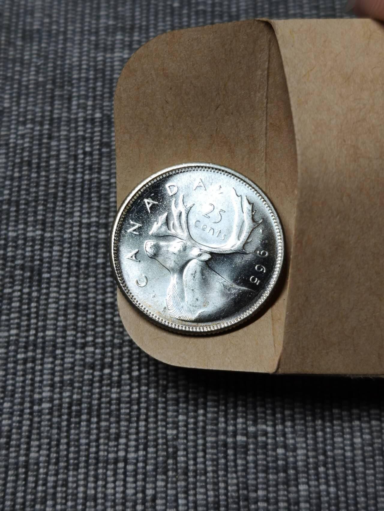 卷拆1964年加拿大伊丽莎白二世驯鹿25分银币