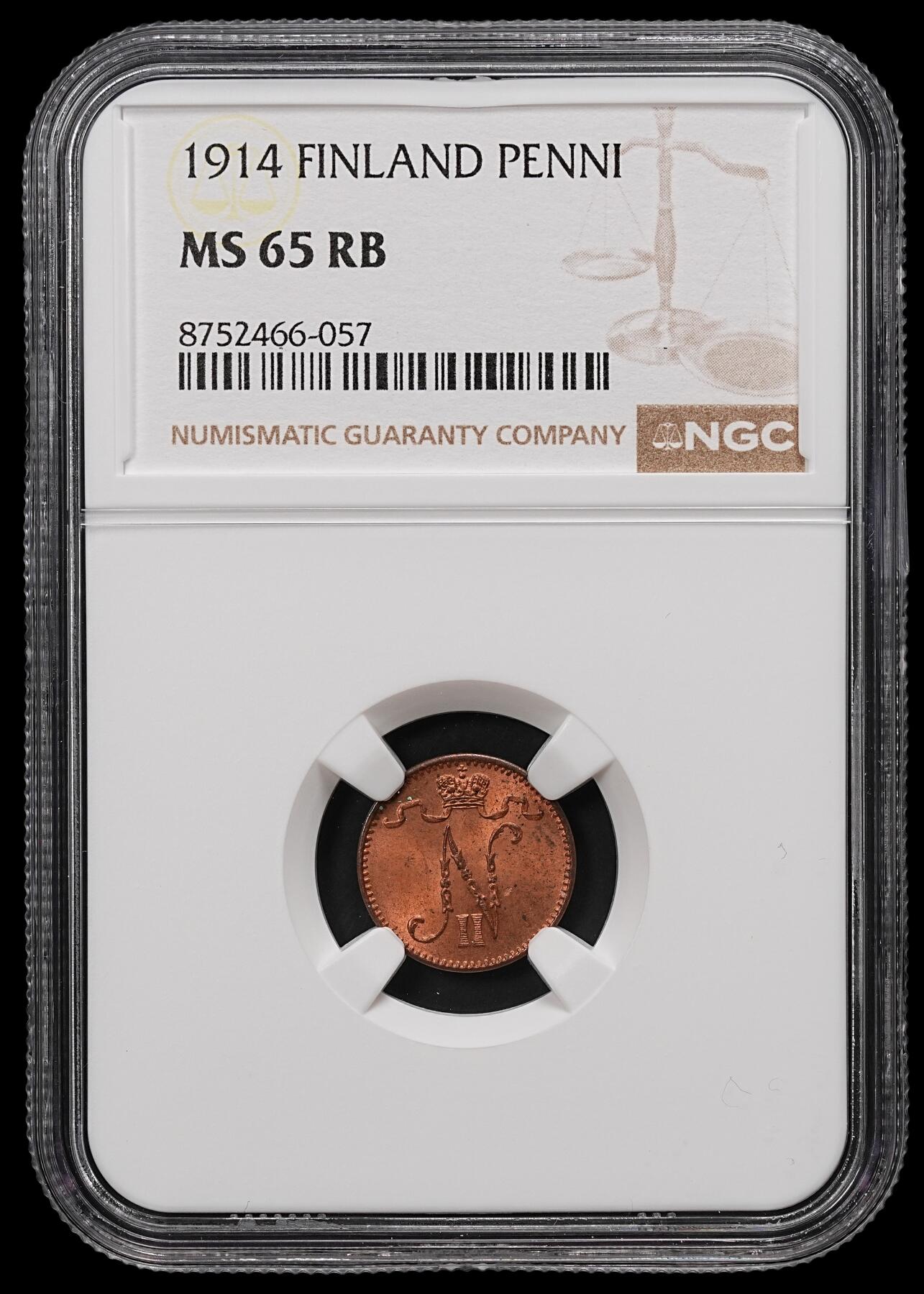 修遠堂世界钱币第110期 NGC MS65RB 1914年芬兰1盆尼