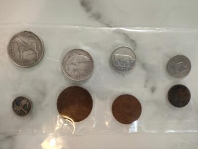 1939-1947年爱尔兰流通套币，三银二镍三铜，八枚硬币背面动物图案