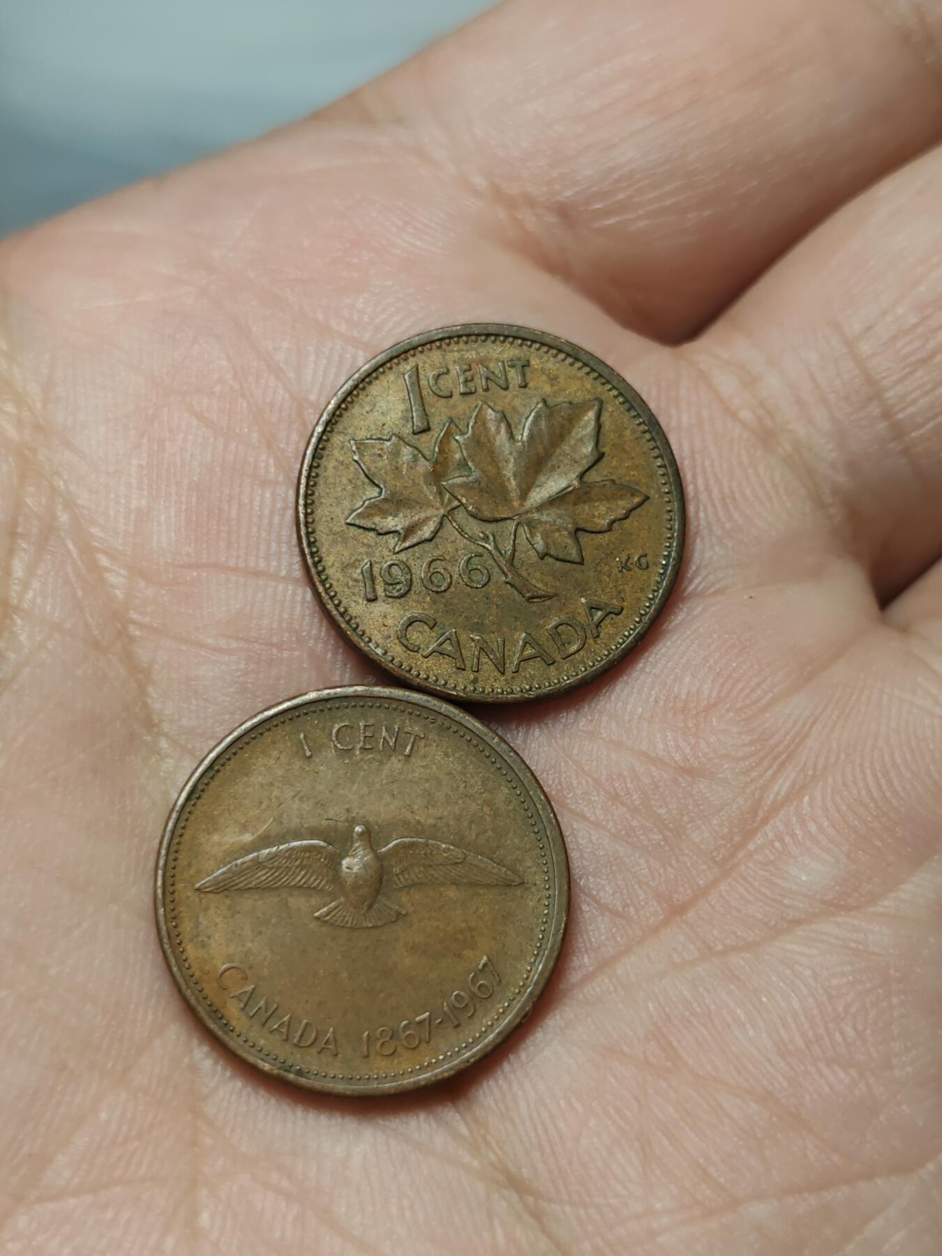 2026年第四十场(总第二百零九场）外国好品散币场(免佣金) 加拿大🇨🇦1966，1967年1分两枚(伊丽莎白二世中年花冠第一版，联邦百年纪念币)