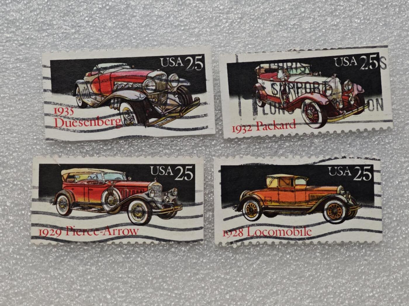  【淘币小摊】限时拍第八百九十一拍  外国老邮票 印花税票 火花纸品场    每周一统一发货 美国小汽车邮票4枚套