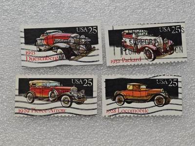  【淘币小摊】限时拍第八百九十一拍  外国老邮票 印花税票 火花纸品场    每周一统一发货 - 美国小汽车邮票4枚套