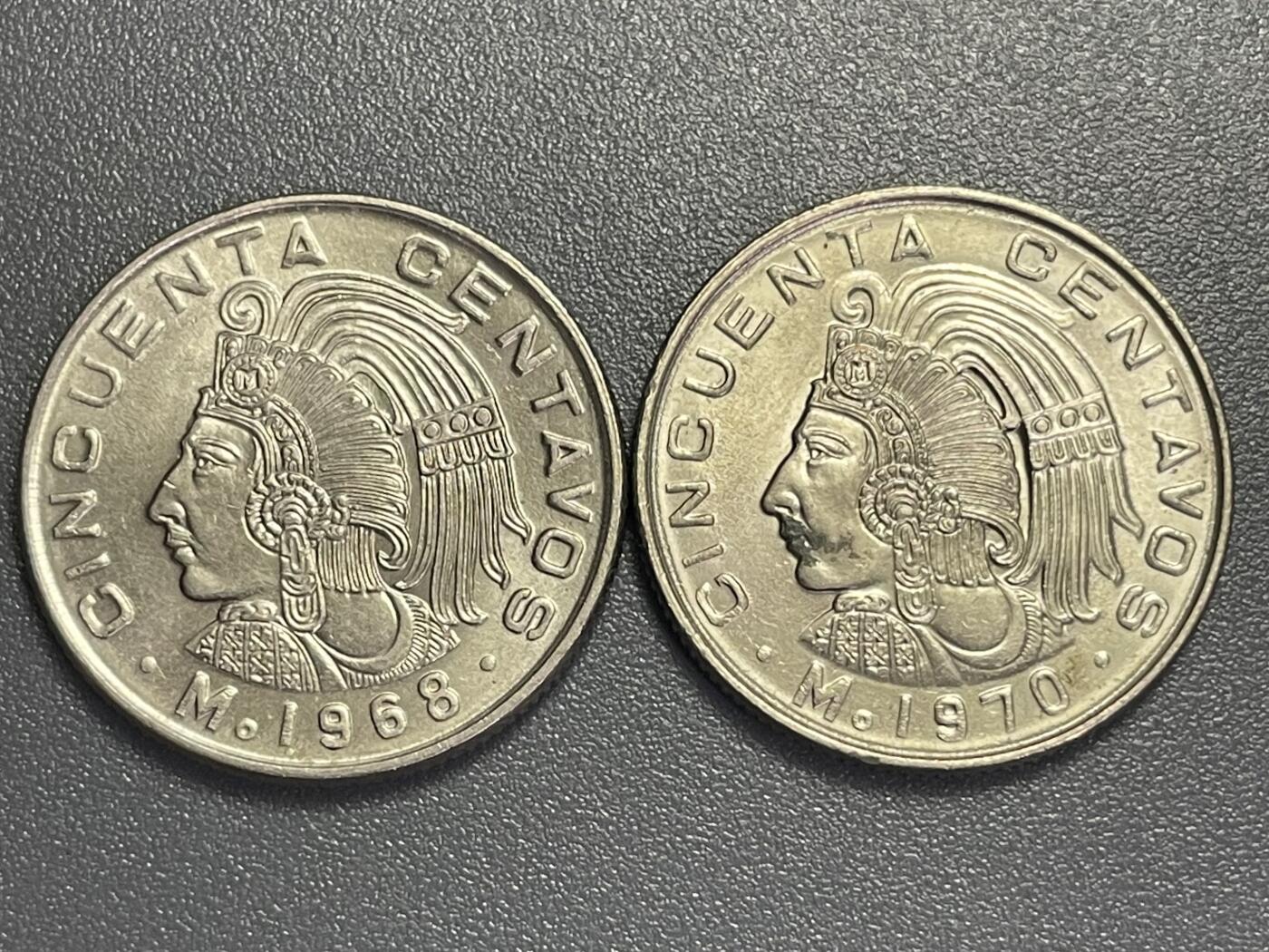 回流0405 墨西哥1968/1970年50分 阿兹特克酋长 不同版本两枚