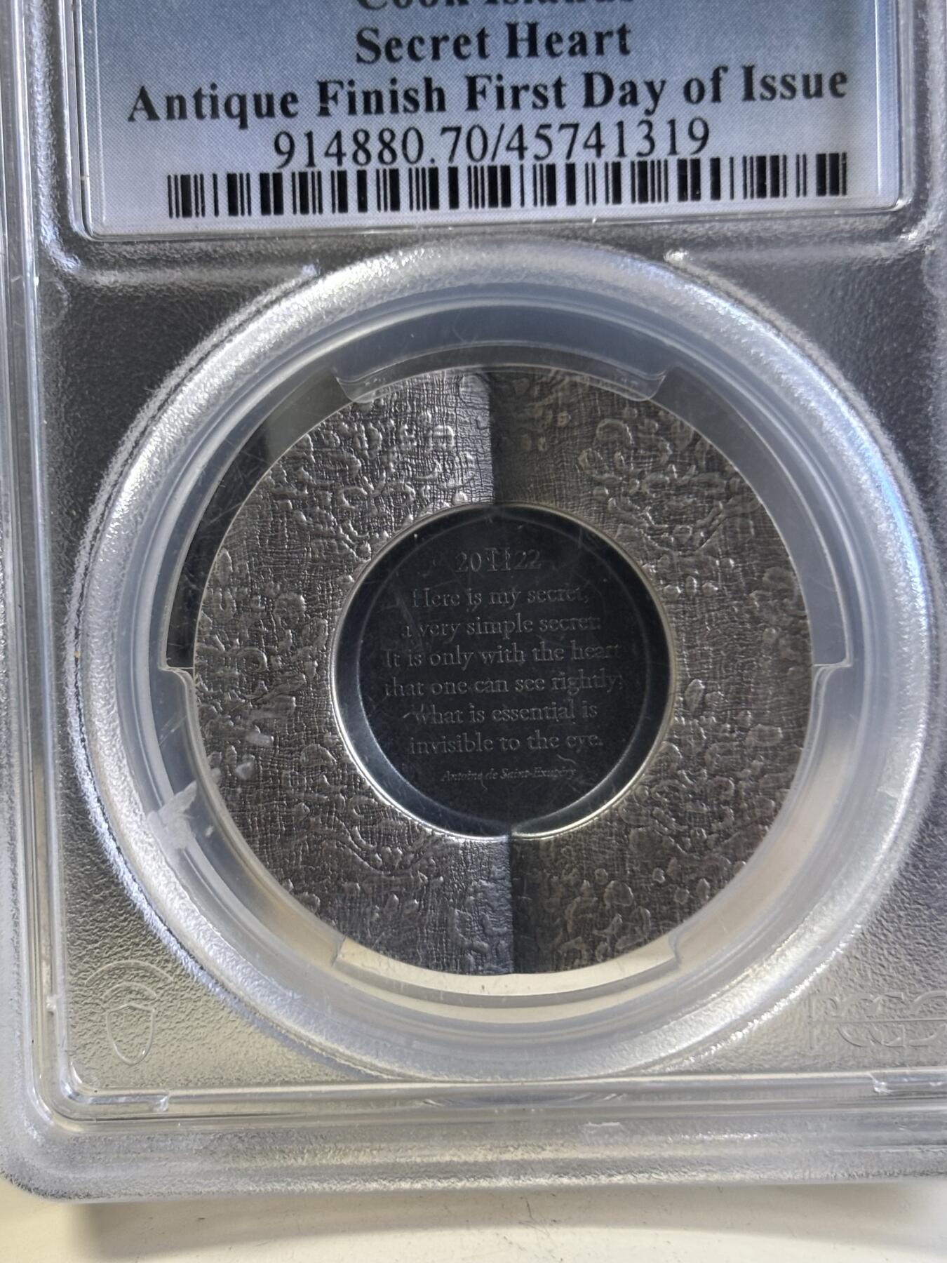 第197期拍卖 库克2022年秘密之心独特的爱1盎司仿古银币PCGS-MS70首无盒证书，999银，发行2022枚银价584
