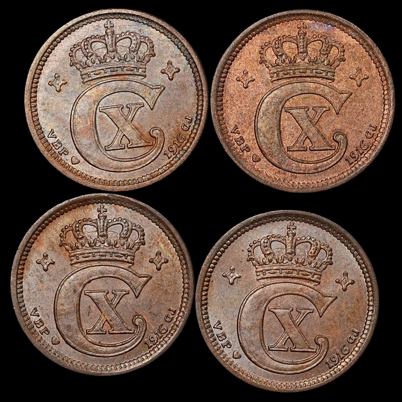 修遠堂世界钱币第110期 1916年丹麦2欧尔4枚，原卷出，完全未流通