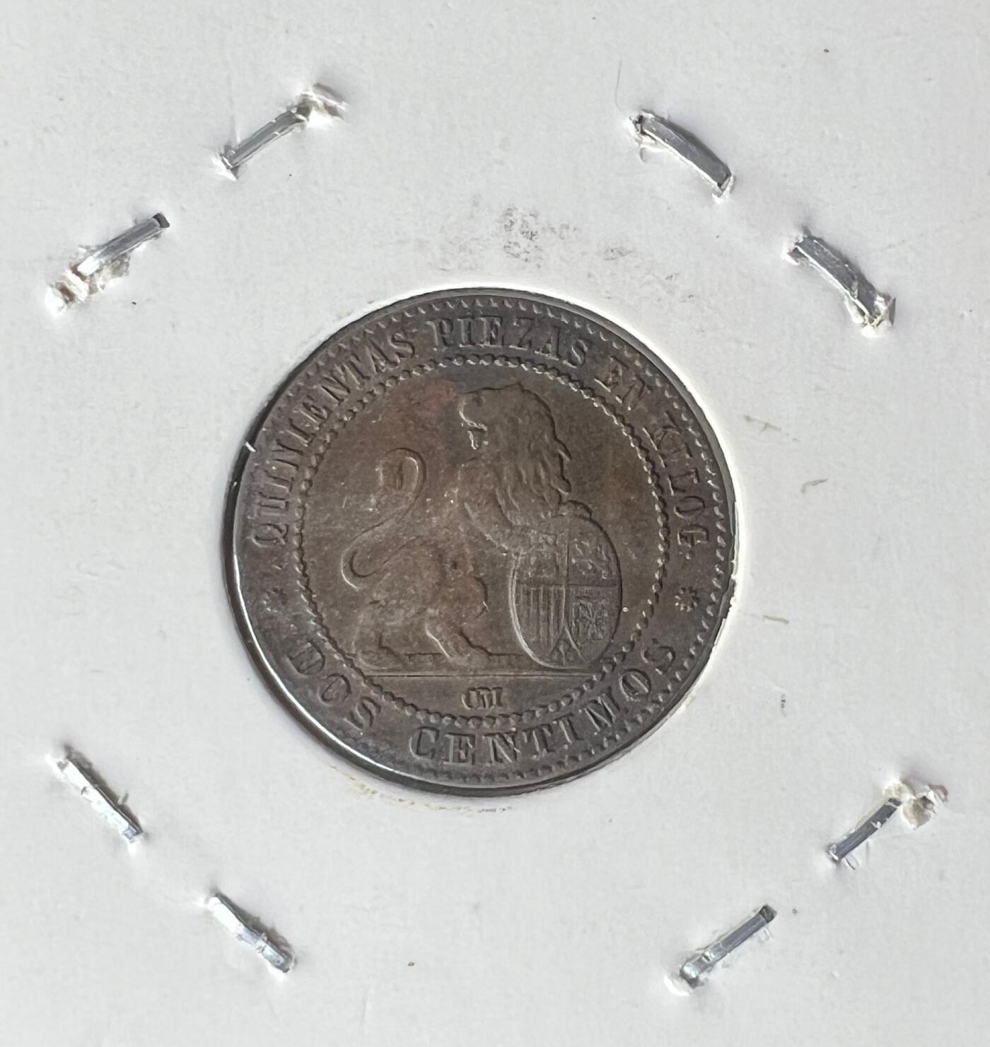 1870 年西班牙临时政府 2 分铜币 第一共和国 自由女神坐像 欧洲古币