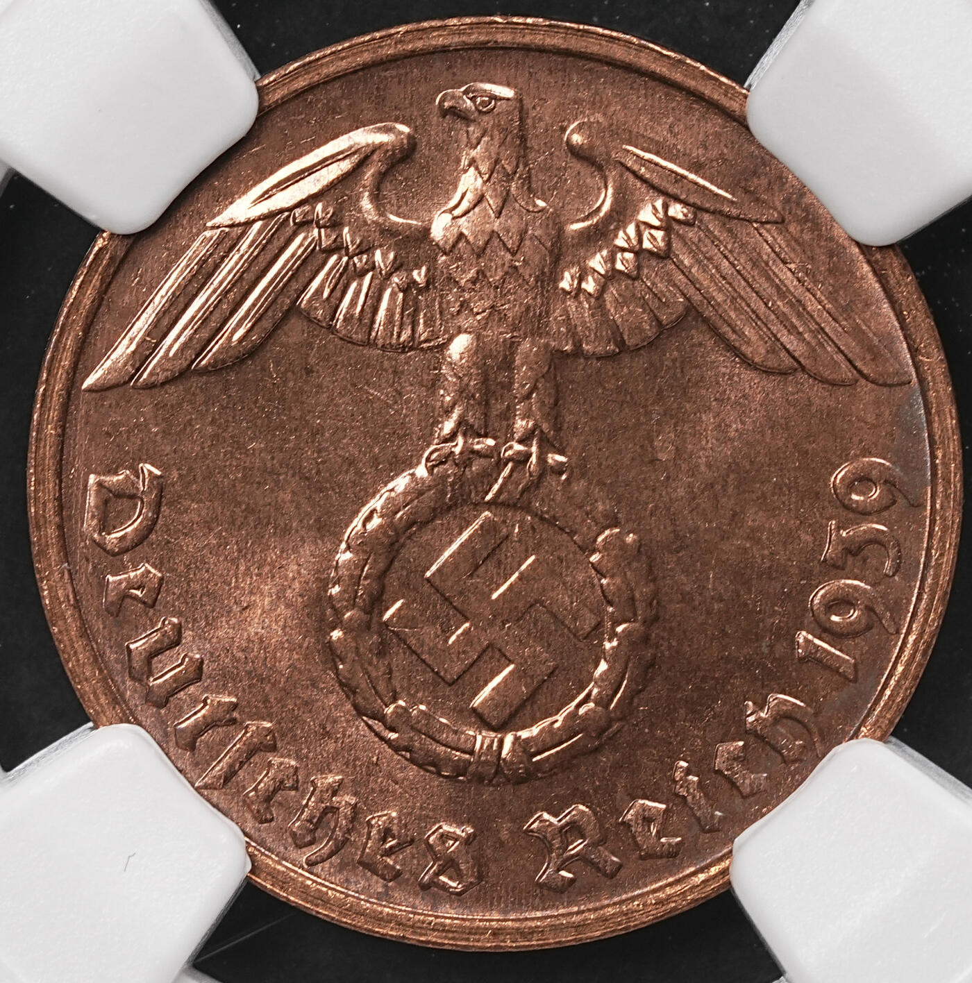 修遠堂世界钱币第110期 NGC MS64RB 1939年德国2芬尼铜币 G厂铭