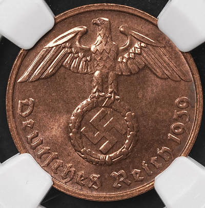 修遠堂世界钱币第110期 - NGC MS64RB 1939年德国2芬尼铜币 G厂铭