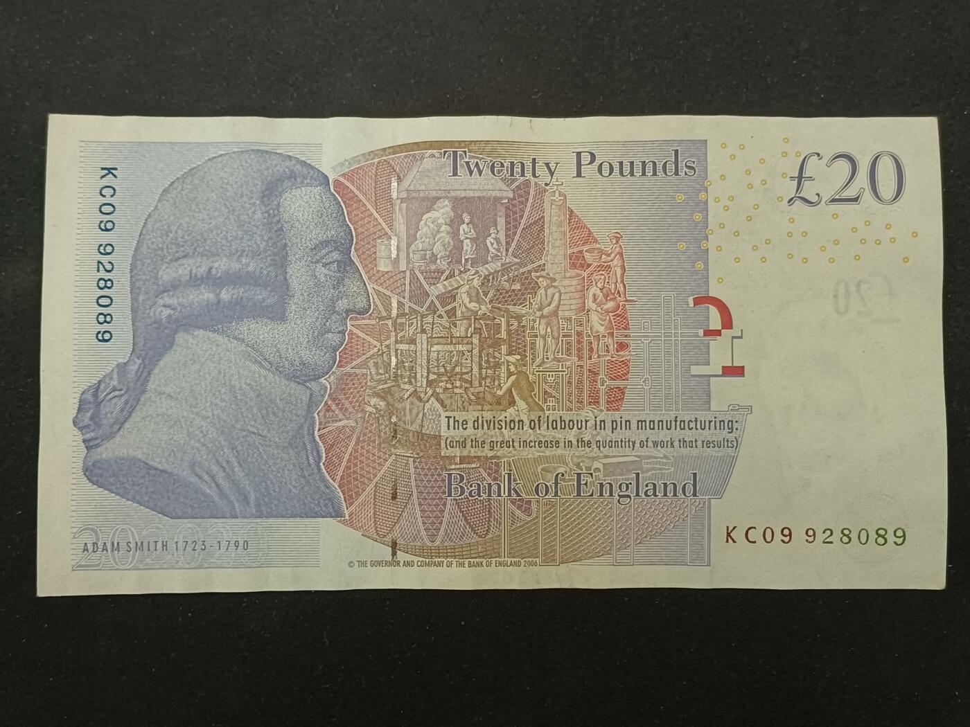 【游宝拍卖】丙午马年第20期 周六截拍 英国-20镑【2006版 亚当斯密 朦胧号KC09928089 流通好品VF】