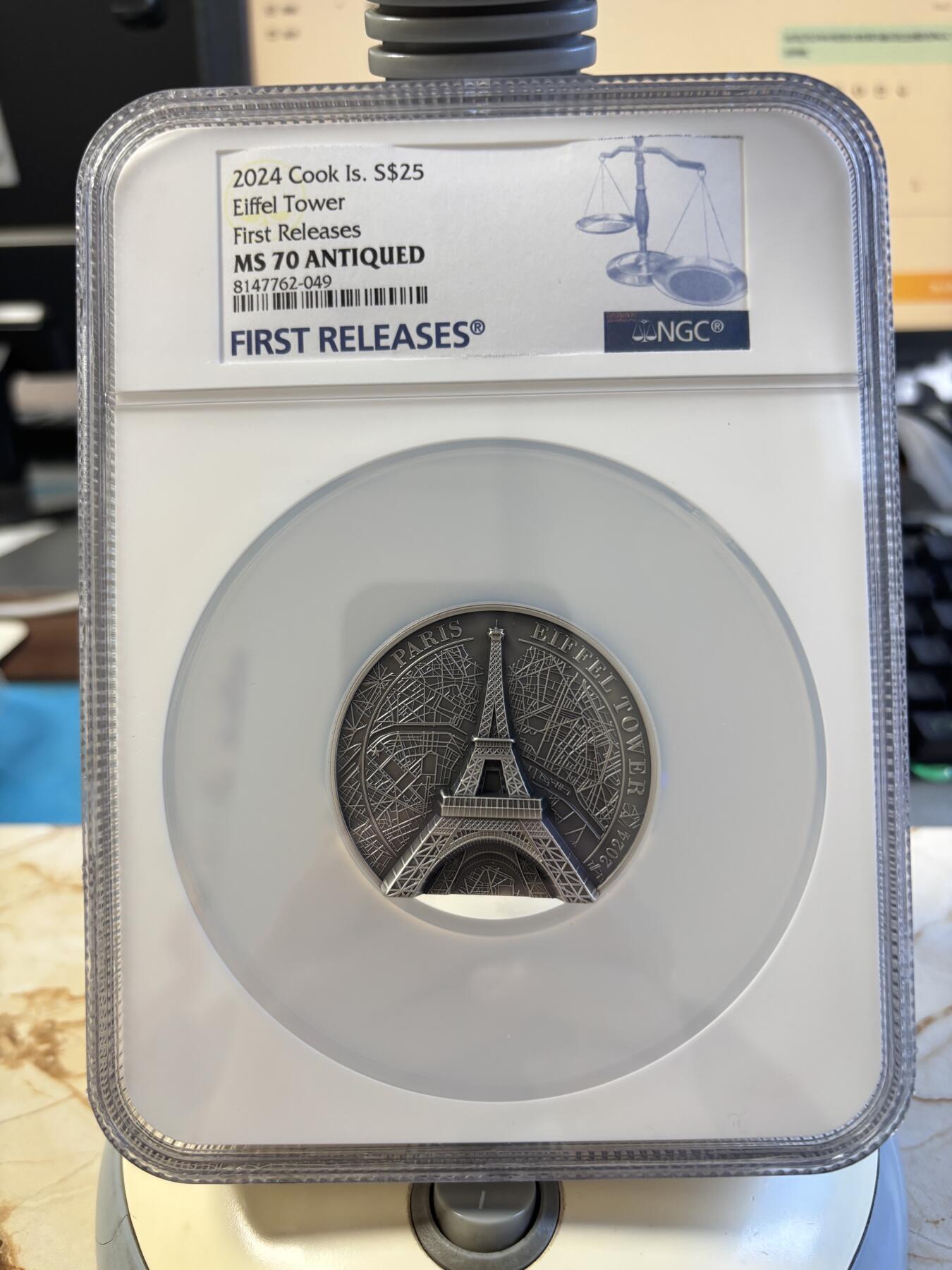 第197期拍卖 库克2024年埃菲尔铁塔5盎司纪念银币NGC-MS70首无盒无证书，999银，发行889枚