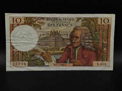  【淘币小摊】限时拍第八百九十拍   纸币场    每周一统一发货 - 法国1968年10法郎纸币【有折针眼】