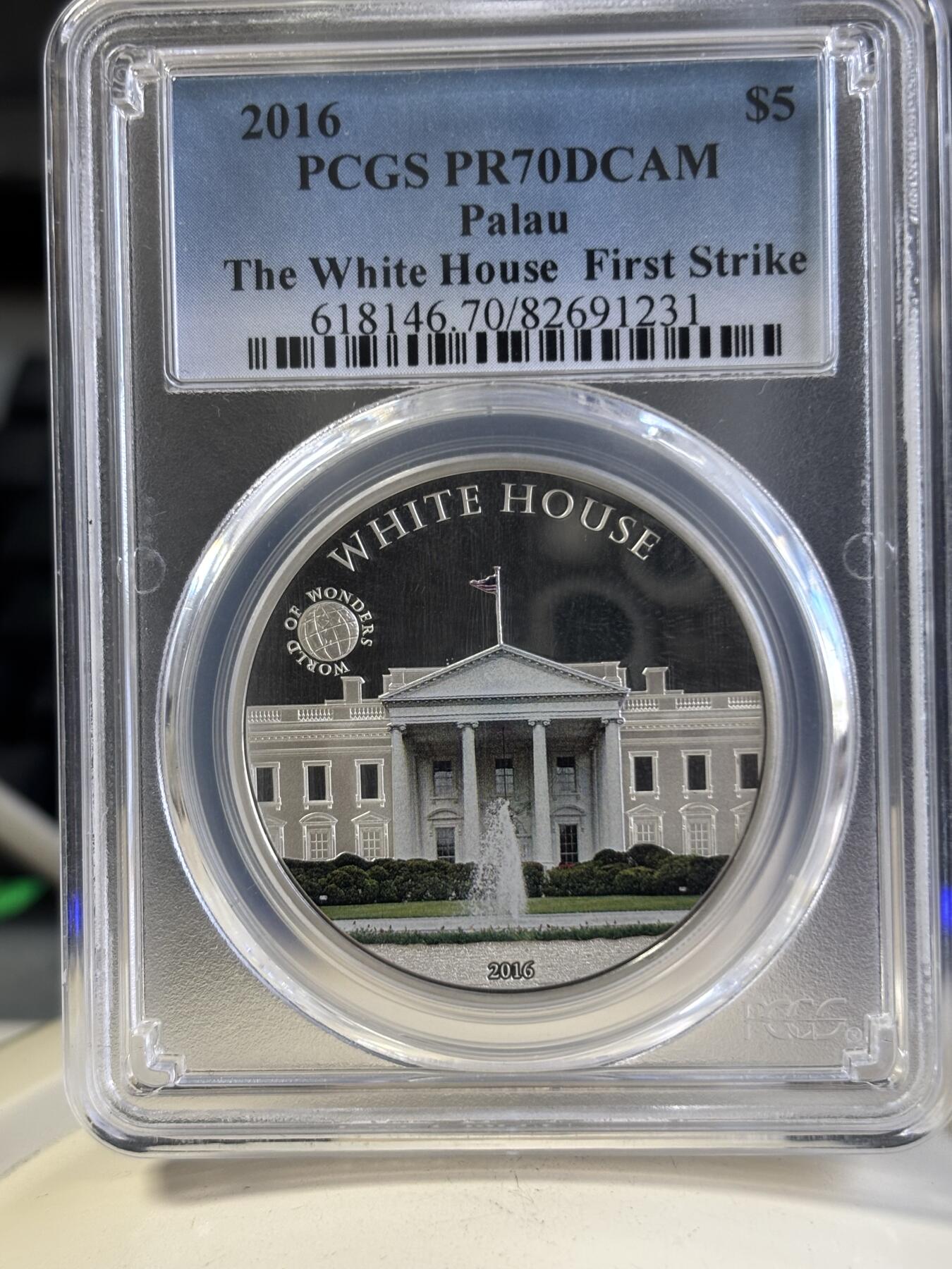 第197期拍卖 帕劳2016年世界奇观美国白宫彩银币PCGS-PR70首带证书，925银，20克，发行2500枚