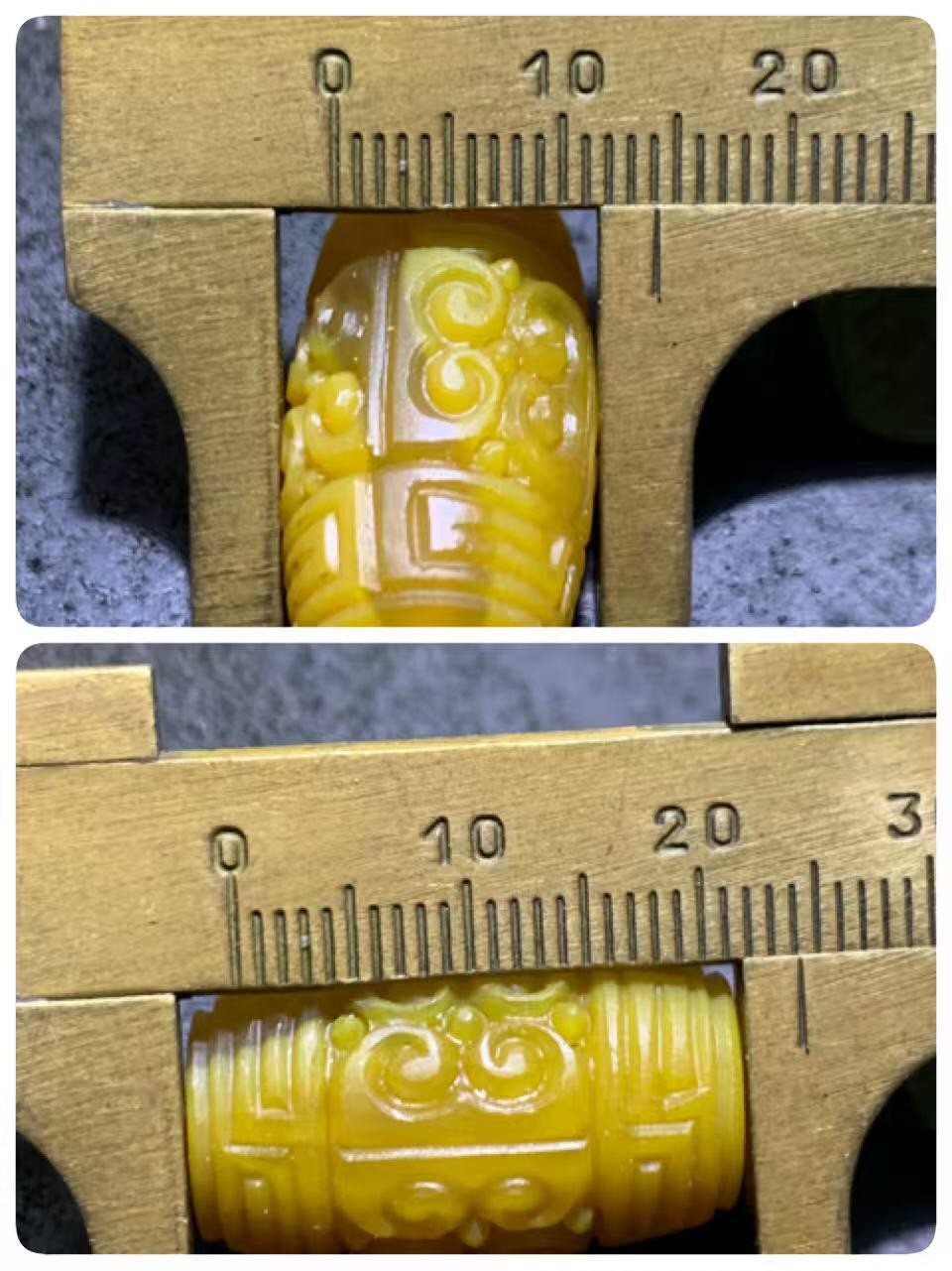 精美高润度冻料鸡油黄战国红玛瑙手工雕刻回纹桶珠一颗，